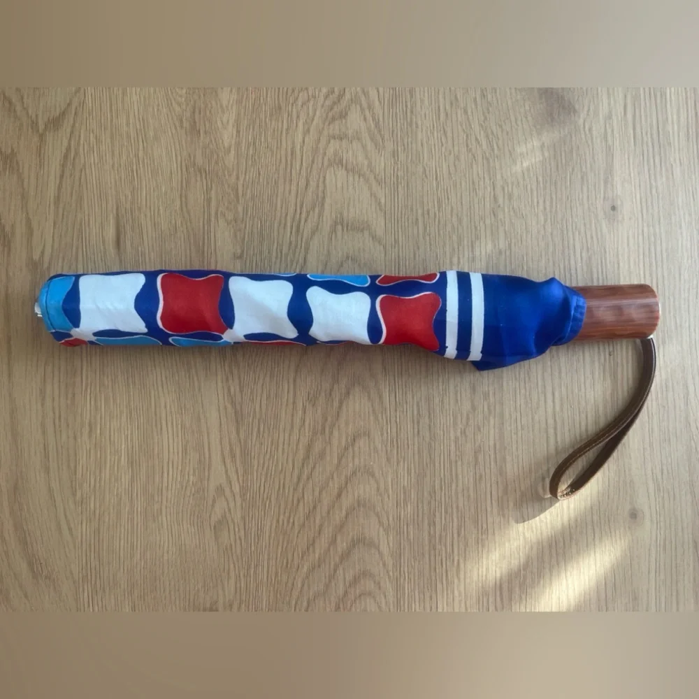 Vintage Retro Umbrella | Wood Handle | Red White Blue Pattern - Picture 2 of 2
